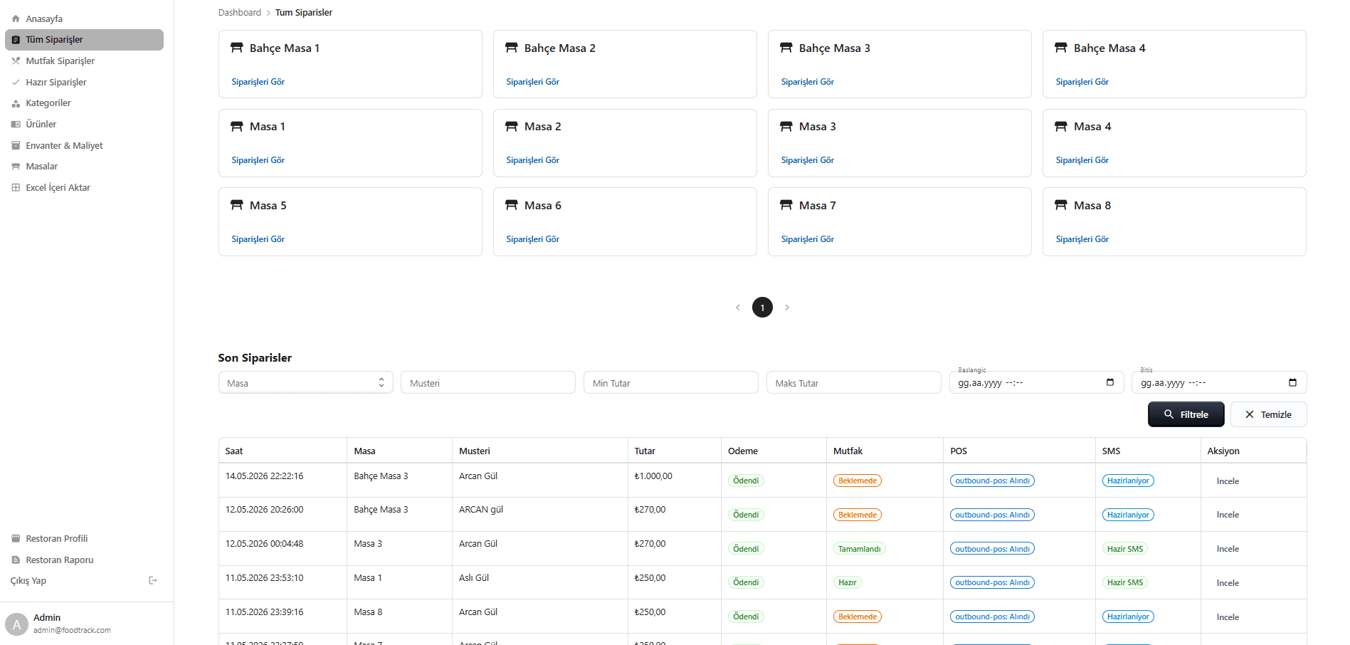 Table and Order Tracking