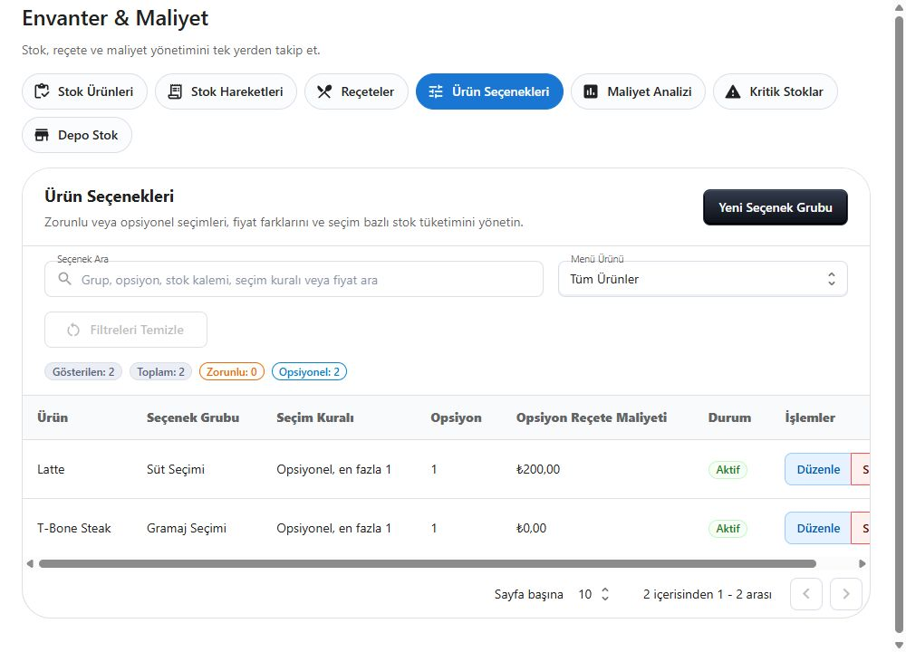 Ordwell ürün seçenekleri ve seçenek reçete maliyeti ekranı